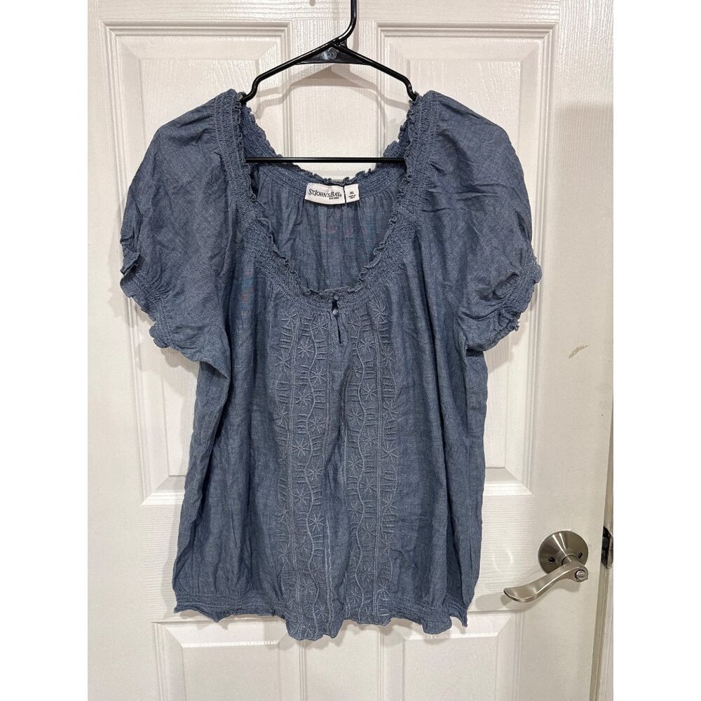 St. John's Bay women's short-sleeve blouse with embroidered details